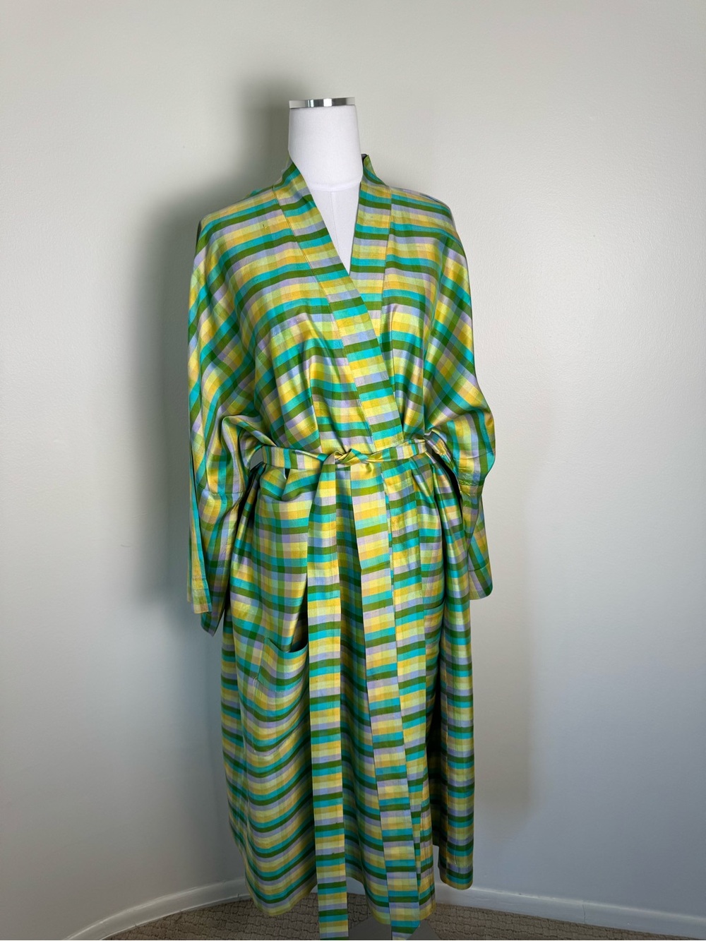 Vintage Pure Thai Silk Plaid Duster Robe Long Dress